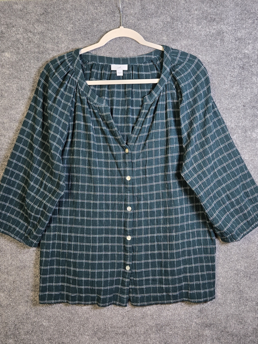 J Jill Top Womens 2X Forest Green Plaid Textured Gauze Button Up Dolman